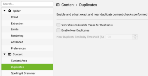 Duplicate content settings for screaming frog
